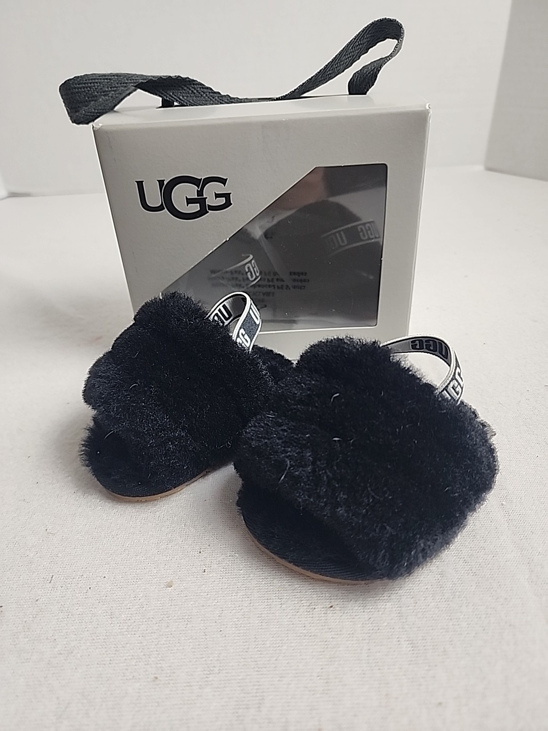 UGG Fluffy Yeah Baby Black Slides SZ 2 S 6 -12 Months Crib Back Strap Priority