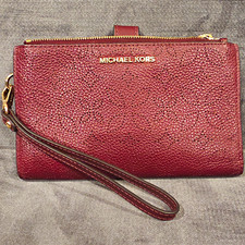 Michael Kors Burgundy Floral Zip-Around Wristlet Wallet Organizer Card ID Photo