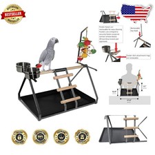 Durable Bird Perch Tabletop Stand Metal Wood 2 Steel Cups Medium Large Breeds