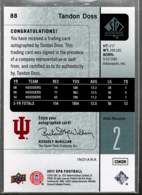 B3818- 2011 SP Authentic Autographs #88 Tandon Doss A Auto SAMPLE PIC - Image 2 of 2