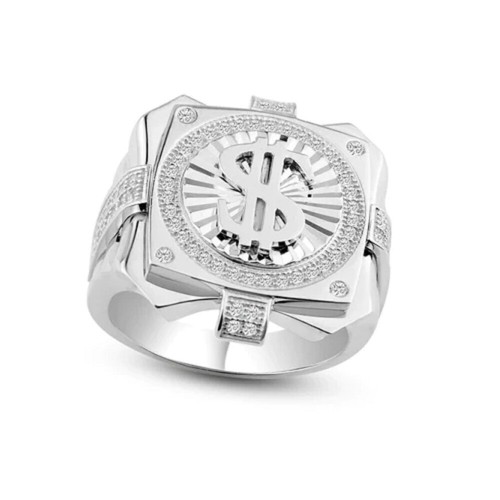 Men’s 10k Yellow Gold Lucky Nugget Band Ring – Dollar Sign Design With Cubic Zirconia