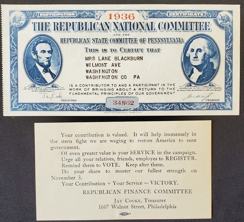 1936 Election Republican National Committee Participation Certificate #34652 - Picture 2 of 12