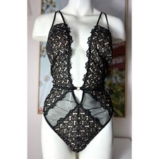 Victoria's Secret Designer Black Nude Lace Mesh Bodysuit Thong Teddy Size XL