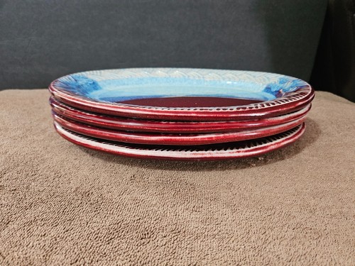 CLYDE GOBBLE POTTERY HANDMADE RED BLUE OVAL PLATES SIGNED 12" EXCELLENT SET OF 4 - Picture 6 of 9