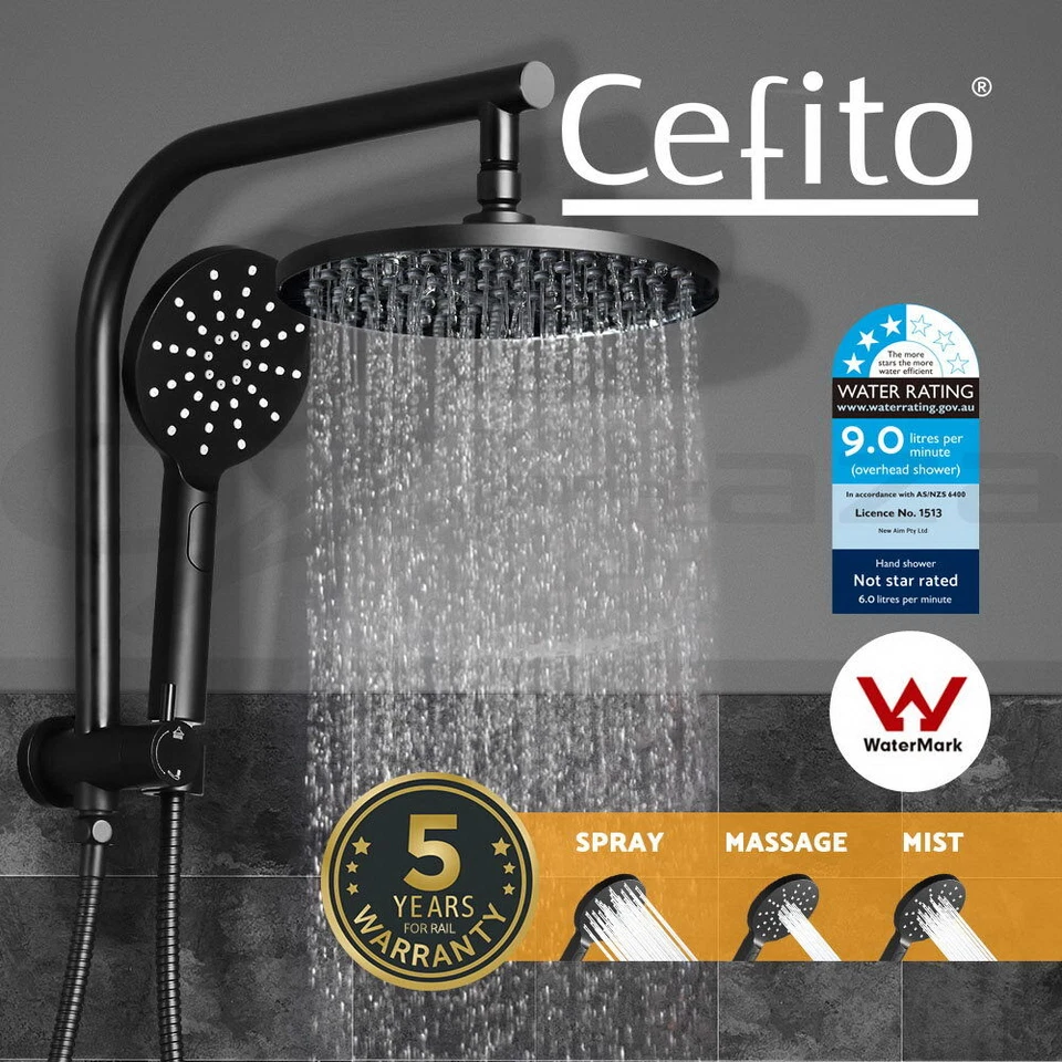 Cefito 9'' Rain Shower Head Set Round Handheld High Pressure Wall Black