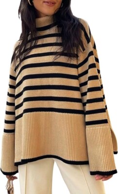 Women Striped Sweater Knit Turtleneck Pullover Sweater Long Bell Sleeve Knitted