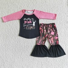 Girls Pink Camo Long Sleeve Shirt Bell Pants Set 2pcs Outfit