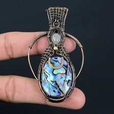 Abalone Shell Gemstone Cropper Wire Wrap Handmade Oval Shape Moonstone Pendant