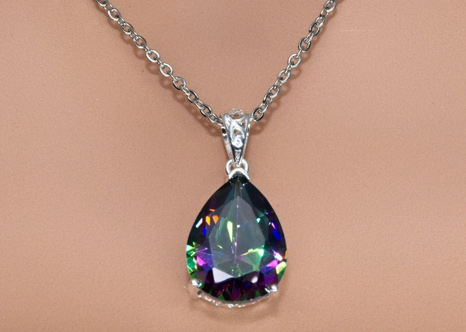 ~ COLLAR COLGANTE TOPACIO MÍSTICO 23 QUILATES CORTE PERA en Cadena 18" Plata 925 Foto 2 de 4