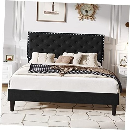 Size Velvet Bed Frame with Adjustable Headboard, Diamond Button Full