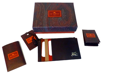 Etro Credit Card Case Slim Wallet Unisex Brown Leather Logo NWT