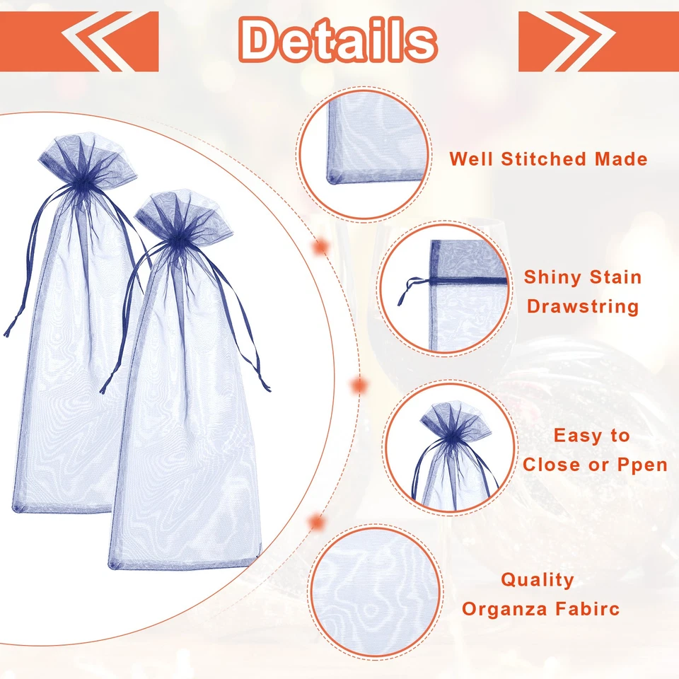 Bolsas de vino de organza de 14 x 5 pulgadas 20 piezas bolsas envolventes de regalo para regalos de boda azul marino Foto 3 de 4