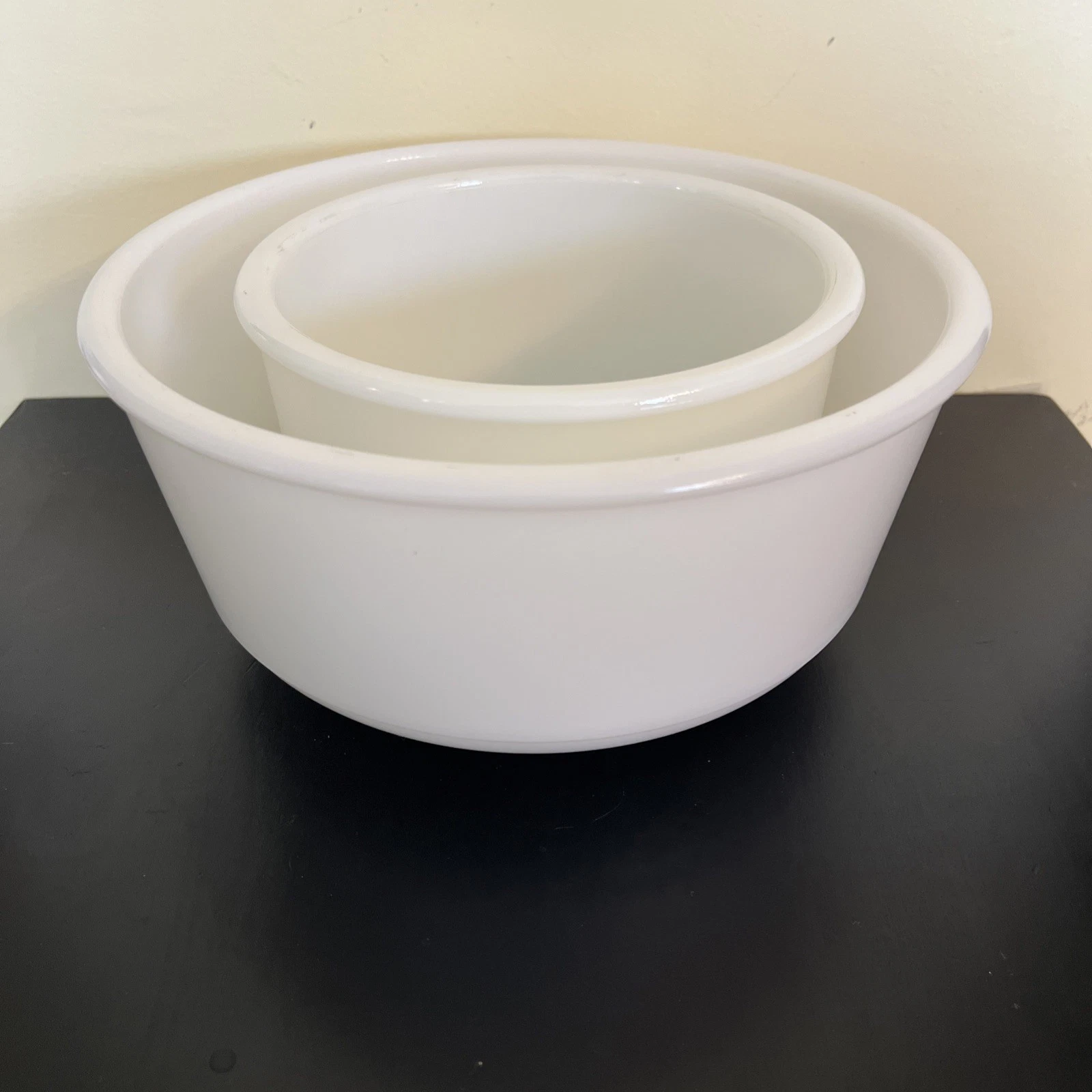 Vintage Set of 2 White Milk Glass Mixing Bowls, Nesting Bowls 9” & 6.5”