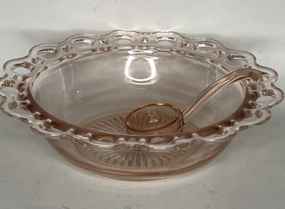 VTG!! Hocking Glass Depression Pink glass punch bowl with ladle,  ''Lace Edge''