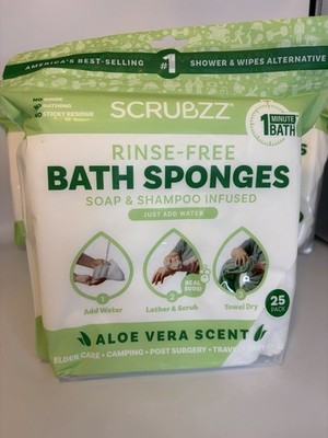 Lot of 4/100Scrubzz Rinse Free Bath Sponges Aloe Vera Lather Scrub Towel Dry New