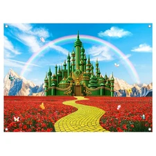 7x5FT Green Castle Wonderland Backdrop, Yellow Brick Road, Polyester, Photo Prop
