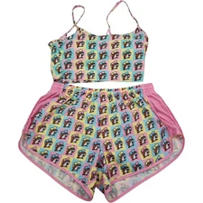 Buc-ees Girls Swimsuit Crop Top Shorts Set All Over Print Size M Pink