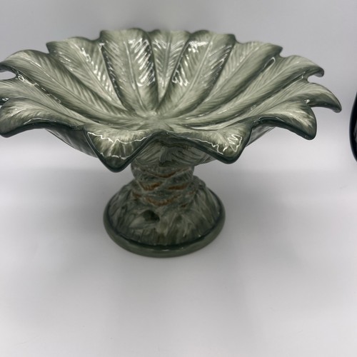 Vintage Mikasa Compote Bowl KT010 Palma, 12" Ceramic Green Palm Tree