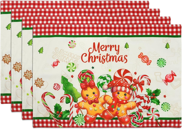 Weihnachten Platzset 4Er Set, Tischsets Beige Karo Lebkuchenmann Urlaub Doppelsc-image