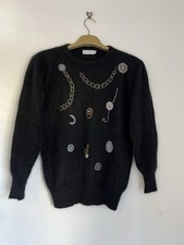 Black Angora Blend Beaded Jumper with unique beaded embellishment. Size Medium. 