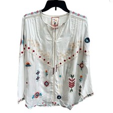 Johnny Was Embroidered Top Blouse Off White Sz S Beaded Pleated Boho Peasant