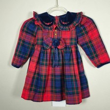 Baby Girl Vintage Plaid Velvet Holiday Red Blue Green Long Sleeve Dress Size 2T