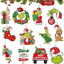 24 Pcs Christmas Tree Ornaments, Wooden Green Xmas Ornaments with Rope, Chris...