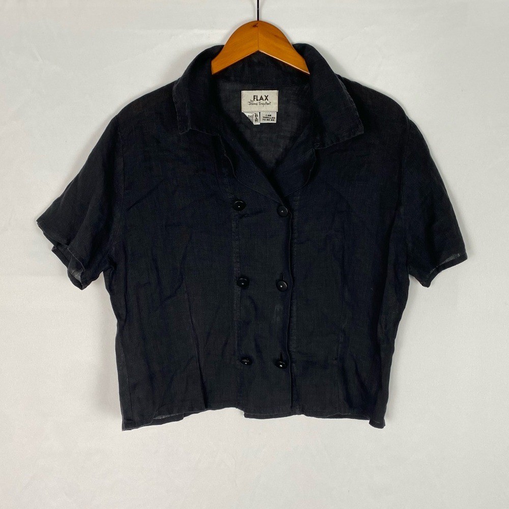 Flax by Jeanne Engelhart Linen Black Button Blouse Short Sleeve Collared Size S