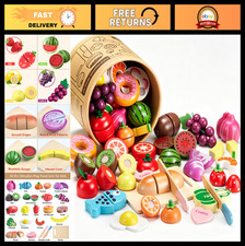 43 Pcs Wooden Play Food Set - Kids Kitchen Accessories, Pretend Cutting Toys, Fr