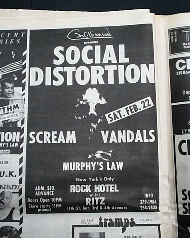 SOCIAL DISTORTION Hardcore Cowpunk Rock Band 1986 NYC Nightclub Advertisement