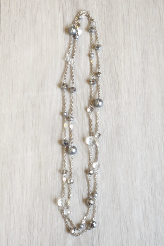 Diva Long Layered Silver Tone Necklace with Pearls & Crystal Beads