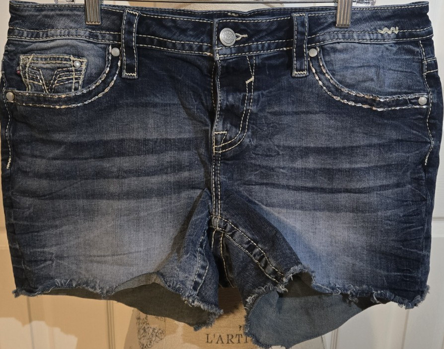VIGOSS Women's Blue Cut Off Denim Shorts Size 18 Heritage Fit Button Embroidered