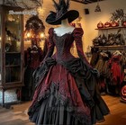 Long Sleeves Gothic Prom Dress Burgundy And Black Long Hallowdin Ball Gown