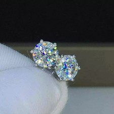Round Cut Natural Diamond Women's 6 Prong Set Stud Earrings 14k White Gold