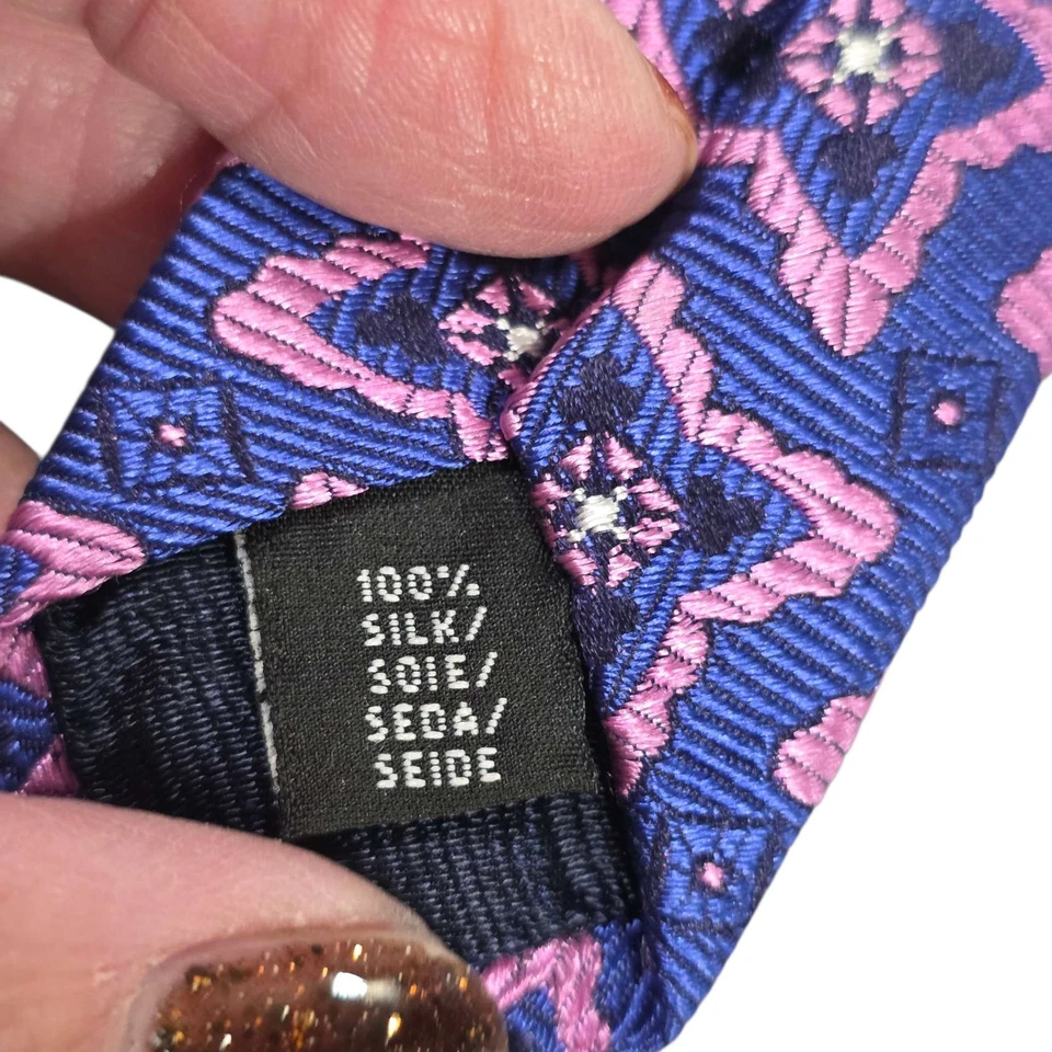 Corbata HOLLAND & SHERRY Seda Patrón Geométrico Azul Rosa Lujo Formal Para Hombre Foto 4 de 4
