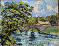 Mitte 20. Jh. Original Palettenmesser Ölgemälde auf Karton ländliche Landschaft unsigniert