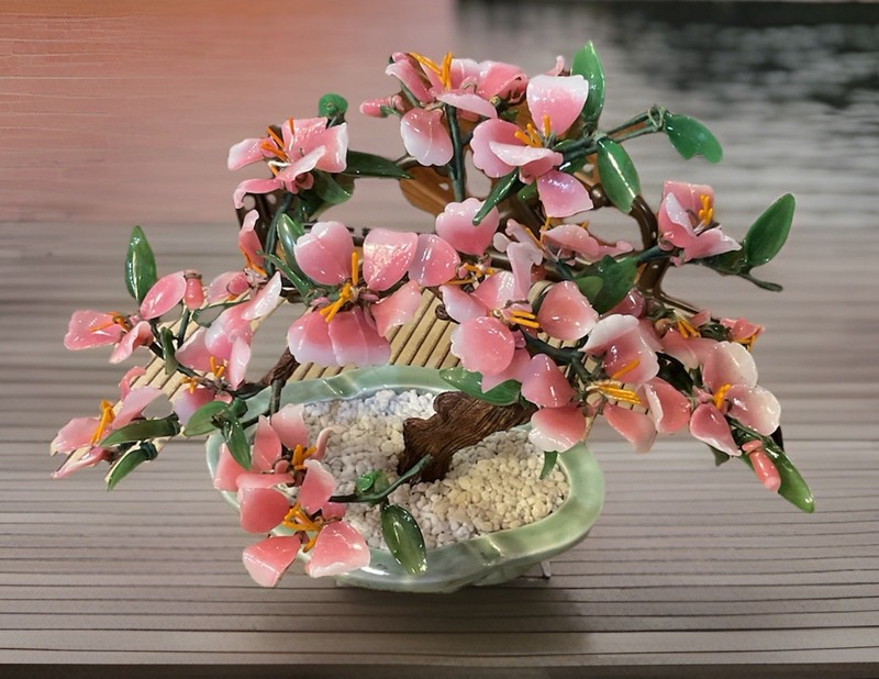 Vintage Jade Glass Cherry Blossom Bonzai Tree Pink Flowers Chinese Decor GUC