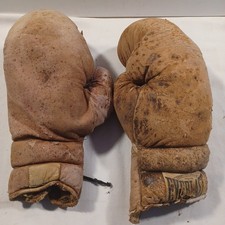 Guantoni da boxe Everlast antichi in pelle marrone pieno di capelli vintage RARI 