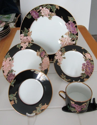 Fitz & Floyd CLOISONNE PEONY 5pc Place Setting Plates, Saucer, Cup Porcelain