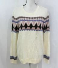 NWT Charter Club Womens Cream Multicolor Cotton Blend Crew Neck Sweater L