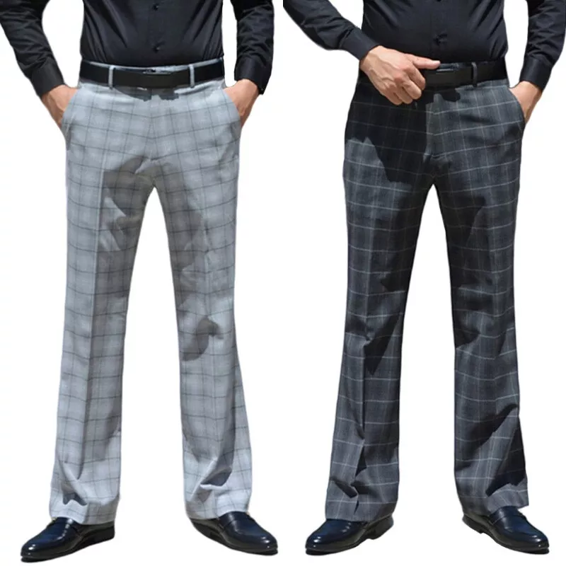 Mens Check Bell Flares Flared Style Dress Pants Bootcut Trousers Stretch