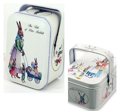 Vintage Small Storage Tin Candy Box Gift Idea Easter Bunny Eggs Jar Surprise 