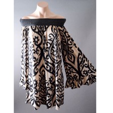 Black Beige Long Sleeve Tapestry Pattern Woven Off Shoulder Boho 70s Shift Dress