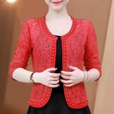 Lady Floral Lace Blazer Suit Jacket Open Front Crew Neck Evening Outwear Red