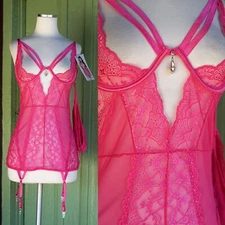 Sheer Pink Lace Stretch Teddy Chemise Thong Panty Lingerie Set XL Seven Til Midn