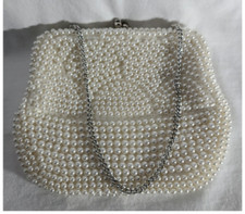 Women  s Vintage Evening Purse - Beaded Pearls - Made in Japan - Silver Chain
