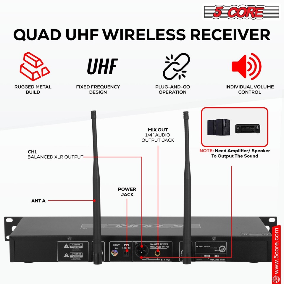 Wireless Microphone System Pro Audio UHF 4 Channel 4 Handheld Metal ...