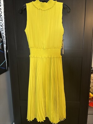 Nanette Lepore Women Pleat Sleeveless High Neck Blouson Maxi Dress Pale Yellow 6