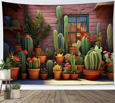 Tropical Plant Green Cactus Orange Floral Tapestry for Bedroom Living Room Dorm