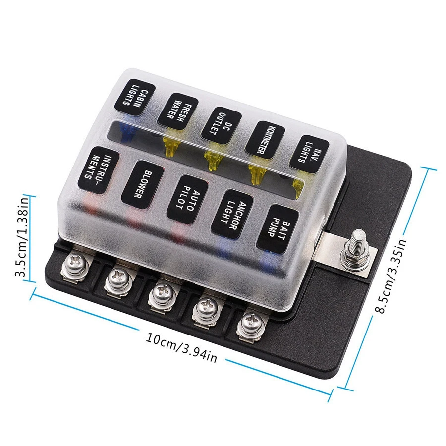 10-Way Blade Fuse Box Block Holder LED Indicator w/ Fuses for 12V 24V Car Marine - Image 3 of 4